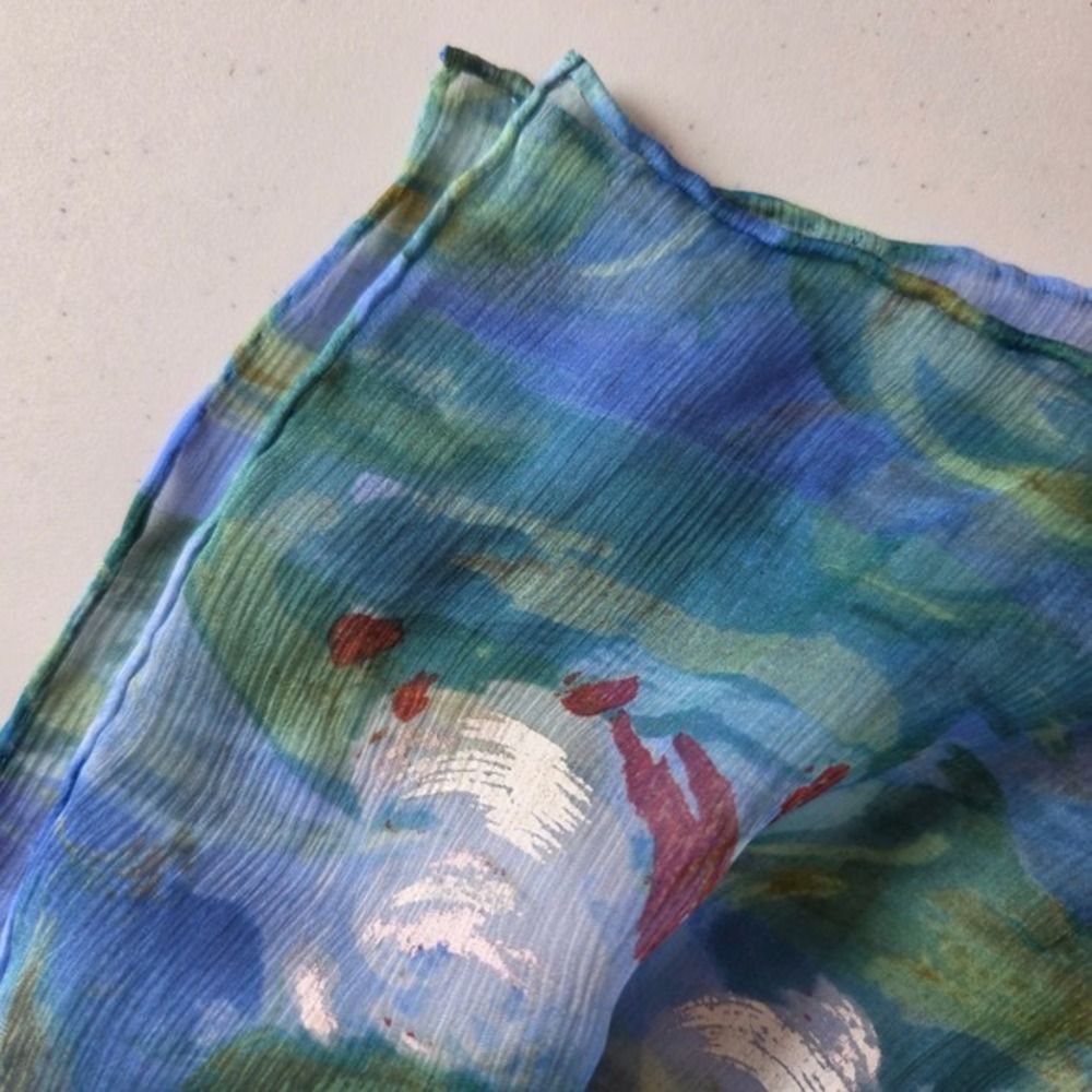 Vintage 100% Silk Water Lilies Scarf Monet Style Metropolitan Museum Art 62x12 - Picture 6 of 10
